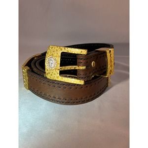 NWOT Men’s Handmade Brown Leather Belt. Gold Buckle w/Silver and Rhinestones.